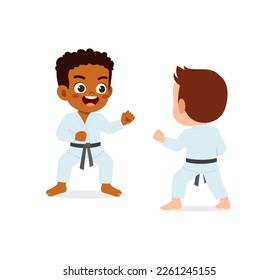 cute little kid training karate with friend together