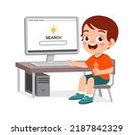 cute little kid use computer to study internet