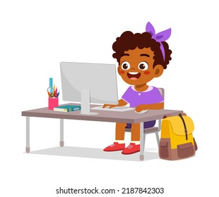 cute little kid use computer to study internet