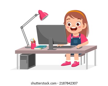 Cute Little Kid Use Computer Study Stock Vector (Royalty Free ...