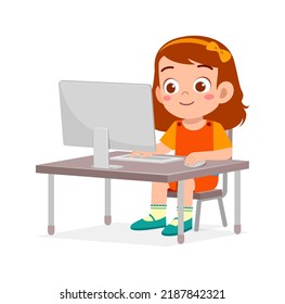 cute little kid use computer to study internet