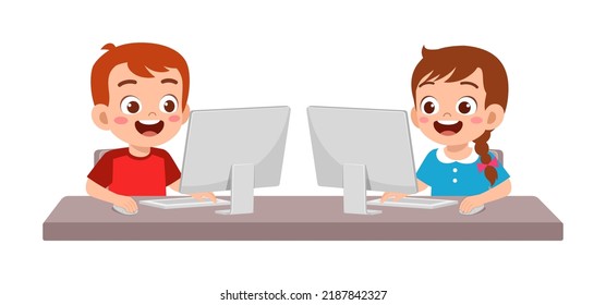 Cute Little Kid Use Computer Study Stock Vector (Royalty Free ...