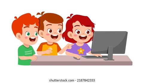 cute little kid use computer to study internet
