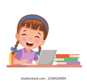 cute little kid use computer to study internet