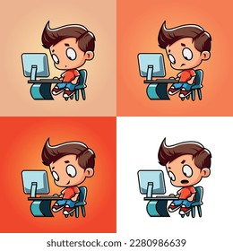 Cute little kid using desktop computer with different emotions
