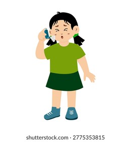 cute little kid using an inhaler because of shortness of breath. asthma symptoms. health problem. word asthma day. vector illustration 