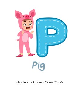 cute little kid wear costume for learn alphabet