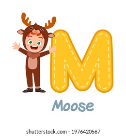 cute little kid wear costume for learn alphabet