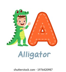 cute little kid wear costume for learn alphabet