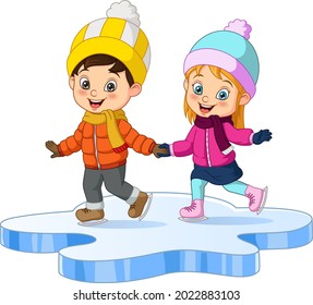Cute little kid in winter clothes playing ice skating