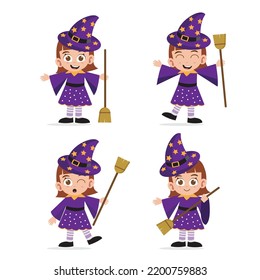 Cute little kid witch character vector set illustration 