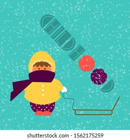 Cute little kid in a yellow coat with a sled. Happy childhood. Winter activities. Muffled up child. Warm dressed little boy or girl. - Vector