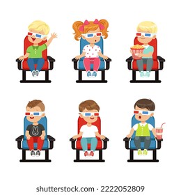 Cute Little Kids in 3D Glasses Watching Movie in Cinema Sitting on Chair with Popcorn Vector Set