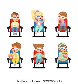 Cute Little Kids in 3D Glasses Watching Movie in Cinema Sitting on Chair with Popcorn Vector Set