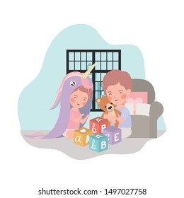 cute little kids babies in livingroom with toys characters