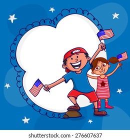 Cute Little Kids And Blank Frame For American Independence Day Celebration On Shiny Stars Decorated Blue Background.