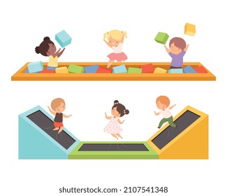 Cute Little Kids Bouncing on Trampoline and Playing in Pool with Soft Cubes Vector Set