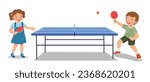 Cute little kids boy and girl playing table tennis ping pong together