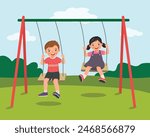 cute little kids boy and girl swinging and having fun on rope wooden swing in playground