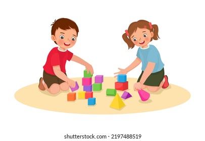 cute little kids boy and girl playing with building blocks educational toys together on the floor