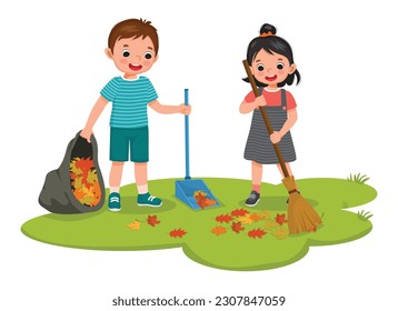 Cute little kids boy and girl raking fallen autumn leaves into plastic bag cleaning up in the garden 