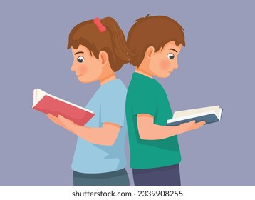 Cute little kids boy and girl reading books leaning each other