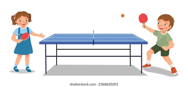 Cute little kids boy and girl playing table tennis ping pong together