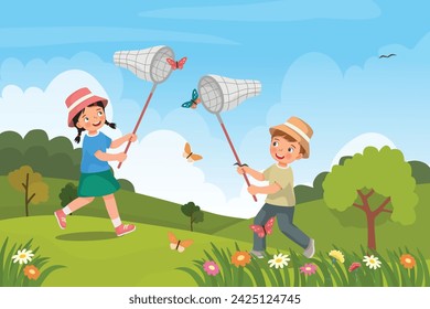 Cute little kids boy and girl catching butterfly with net at the garden in the spring season