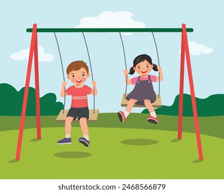 cute little kids boy and girl swinging and having fun on rope wooden swing in playground