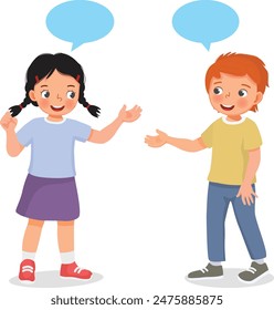 Cute little kids boy and girl talking to each others with speech bubble