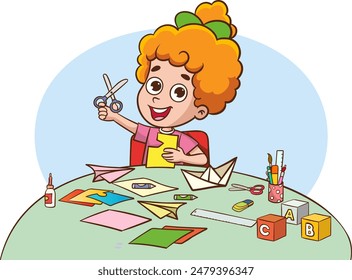 Cute little kids boy and girl cutting colored paper with scissors making paper cut art craft