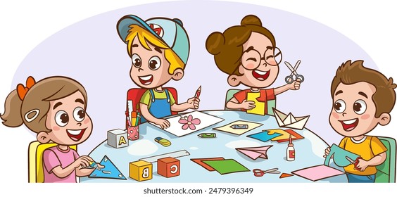 Cute little kids boy and girl cutting colored paper with scissors making paper cut art craft