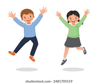 Cute little kids boy and girl feel happy jumping together