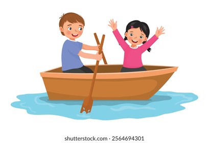 Cute little kids boy and girl paddling on a boat