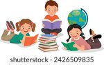 Cute little kids boys and girls reading books together