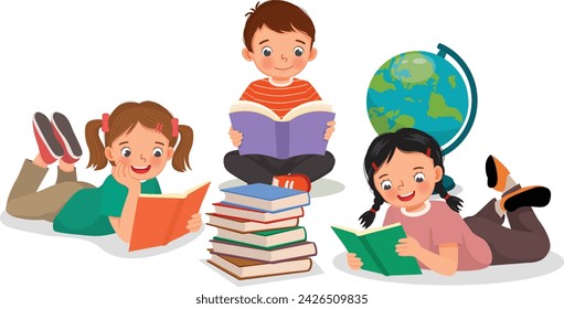 Cute little kids boys and girls reading books together