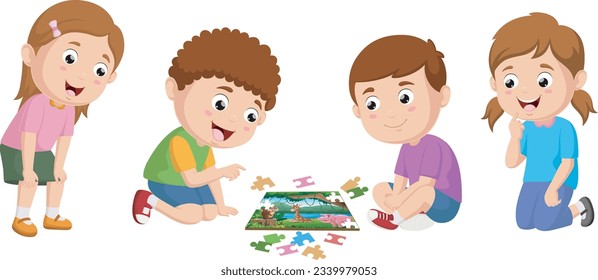 Cute little kids cartoon playing puzzle