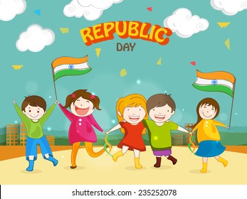 Cute little kids celebrating Happy Indian Republic Day with Indian National Flags on urban background.