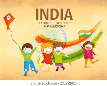 Cute little kids celebrating Indian Republic Day and Independence Day with kite, National Flag, tricolor and Ashoka Wheel on grungy background. 