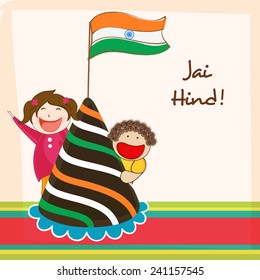 Cute little kids celebrating Indian Republic Day with National Flag, cap and Hindi text Jai Hind (Victory to India).