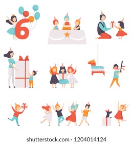 Cute little kids celebrating their birthday set, children having fun with their friends, recieving gifts vector Illustration on a white background