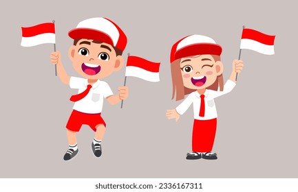 Caricatura infantil linda con la pequeña bandera de indonesia celebrando el día de la independencia