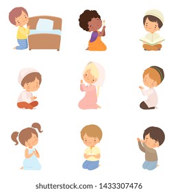 Cute Little Kids Characters Kneeling in Prayer Set Cartoon Vector Illustration