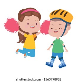 cute little kids cheerleader and skates characters vector illustration design