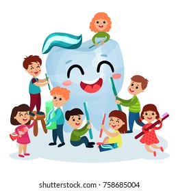 Cute little kids cleaning giant white smiing tooth using toothbrush, oral hygiene for children vector Illustrations