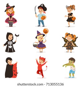  cute little kids in colorful halloween costumes set, Halloween children trick or treating vector Illustrations