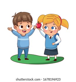 cute little kids couple with apple characters vector illustration design