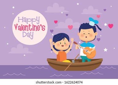 cute little kids couple in canoe valentines day card vector illustration design