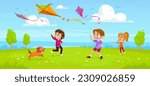 Cute little kids and a dog playing with kites in a park. Children holding kite strings in their hands, running and flying them in the sky. Summer outdoor activities. Cartoon vector illustration