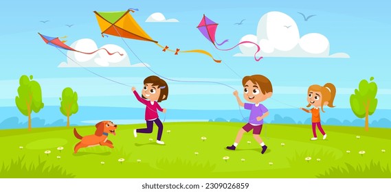 Cute little kids and a dog playing with kites in a park. Children holding kite strings in their hands, running and flying them in the sky. Summer outdoor activities. Cartoon vector illustration svg